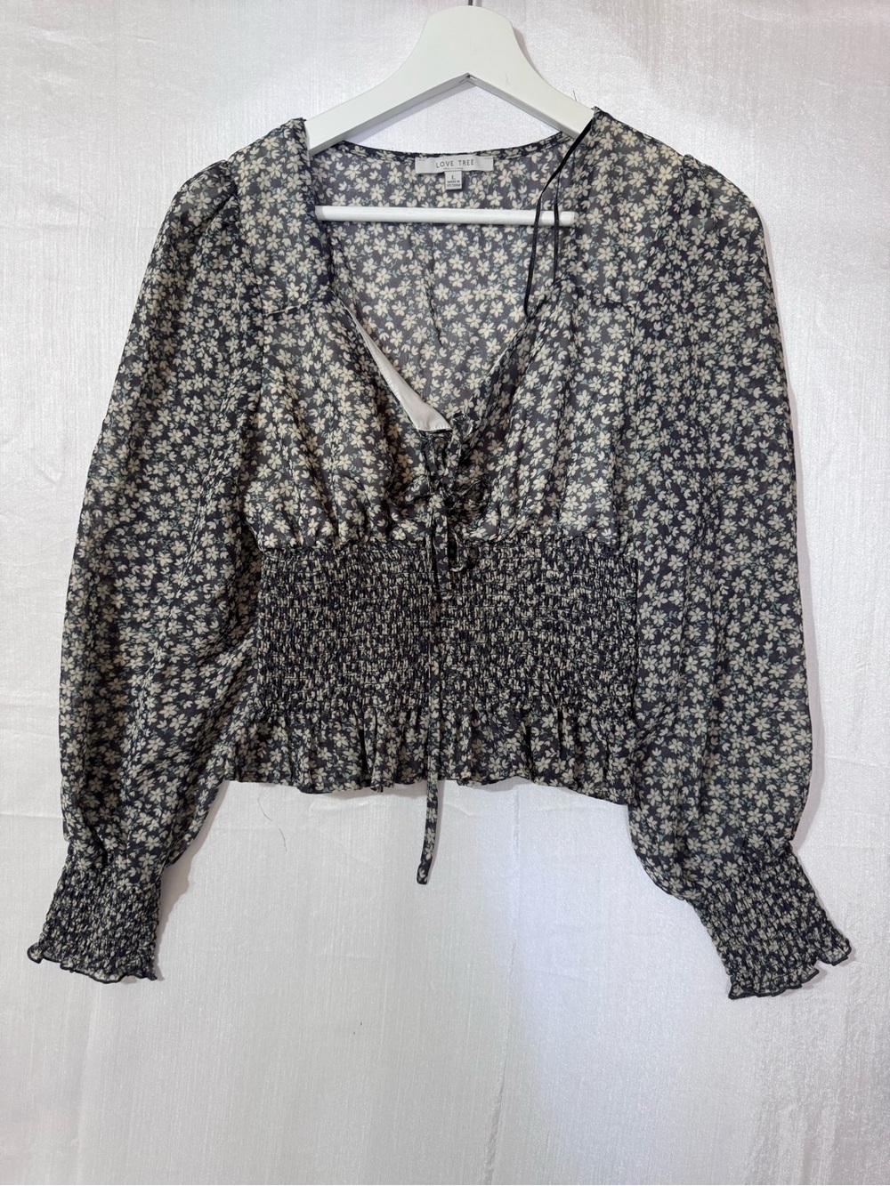 Love Tree Black Floral Smocked-Waist V-Neck Blouse